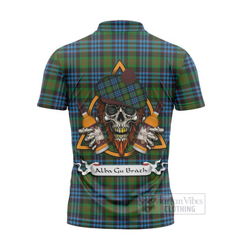 Newlands Tartan Zipper Polo Shirt with Family Crest and Bearded Skull Holding Bottles of Whiskey - Tartan Vibes Clothing
