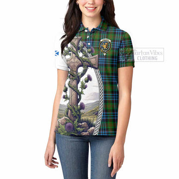 Newlands Tartan Women's Polo Shirt with Family Crest and St. Andrew's Cross Accented by Thistle Vines - Tartan Vibes Clothing