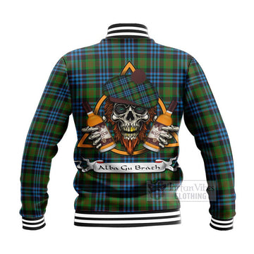 Newlands Tartan Baseball Jacket with Family Crest and Bearded Skull Holding Bottles of Whiskey - Tartan Vibes Clothing