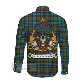 Newlands Tartan Long Sleeve Button Shirt with Family Crest and Bearded Skull Holding Bottles of Whiskey Men's Shirt - Tartan Vibes Clothing