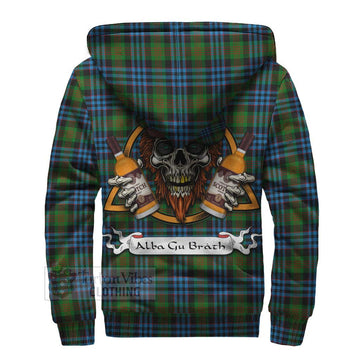 Newlands Tartan Sherpa Hoodie with Family Crest and Bearded Skull Holding Bottles of Whiskey - Tartan Vibes Clothing