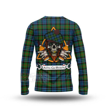 Newlands Tartan Long Sleeve T-Shirt with Family Crest and Bearded Skull Holding Bottles of Whiskey - Tartan Vibes Clothing