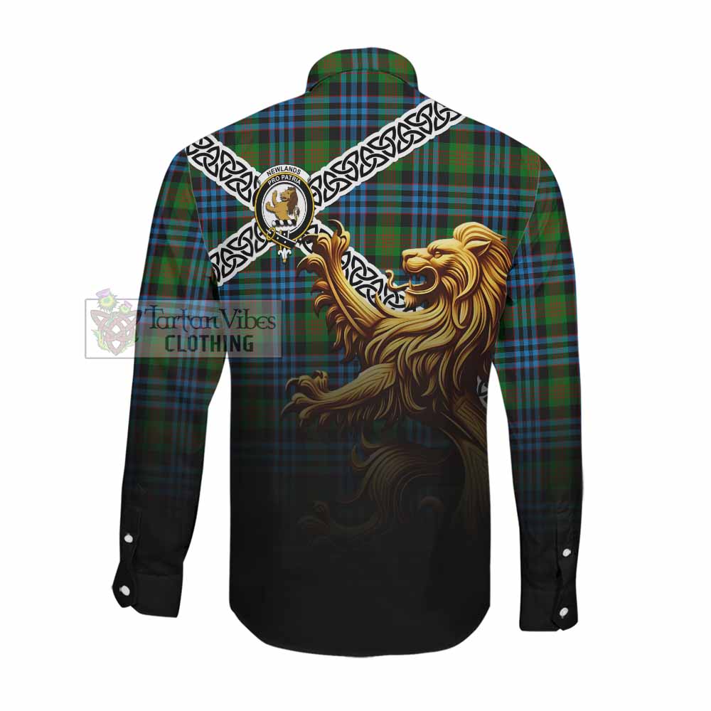Newlands Crest Tartan Long Sleeve Button Shirt with Golden Lion Emblem Celtic Style Men's Shirt - Tartan Vibes Clothing