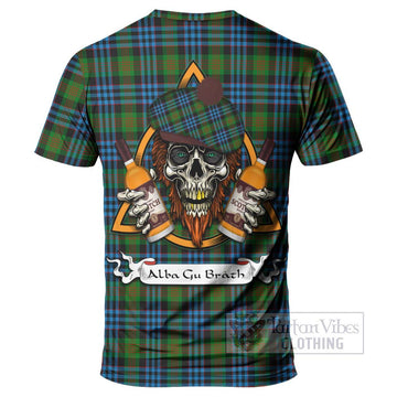 Newlands Tartan T-Shirt with Family Crest and Bearded Skull Holding Bottles of Whiskey - Tartan Vibes Clothing