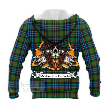 Newlands Tartan Knitted Hoodie with Family Crest and Bearded Skull Holding Bottles of Whiskey - Tartan Vibes Clothing