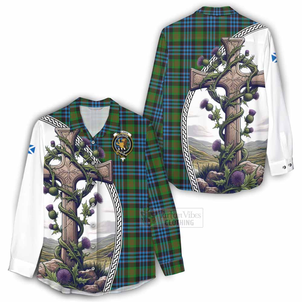 Tartan Vibes Clothing Newlands Tartan Women's Casual Shirt with Family Crest and St. Andrew's Cross Accented by Thistle Vines