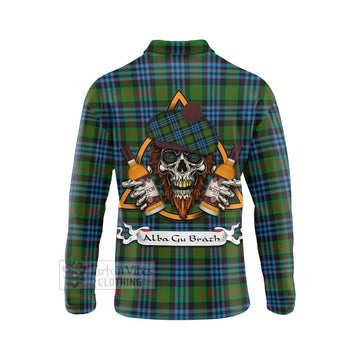 Newlands Tartan Long Sleeve Polo Shirt with Family Crest and Bearded Skull Holding Bottles of Whiskey - Tartan Vibes Clothing