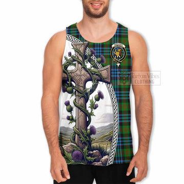 Newlands Tartan Men's Tank Top with Family Crest and St. Andrew's Cross Accented by Thistle Vines - Tartan Vibes Clothing