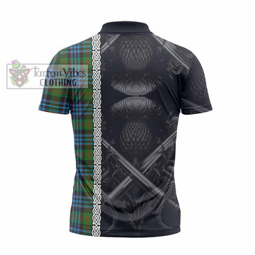 Newlands Tartan Zipper Polo Shirt with Family Crest Cross Sword Thistle Celtic Vibes - Tartan Vibes Clothing