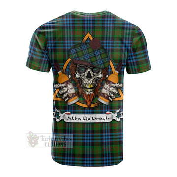 Newlands Tartan Cotton T-shirt with Family Crest and Bearded Skull Holding Bottles of Whiskey - Tartan Vibes Clothing