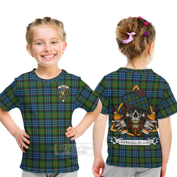 Newlands Tartan Kid T-Shirt with Family Crest and Bearded Skull Holding Bottles of Whiskey - Tartan Vibes Clothing