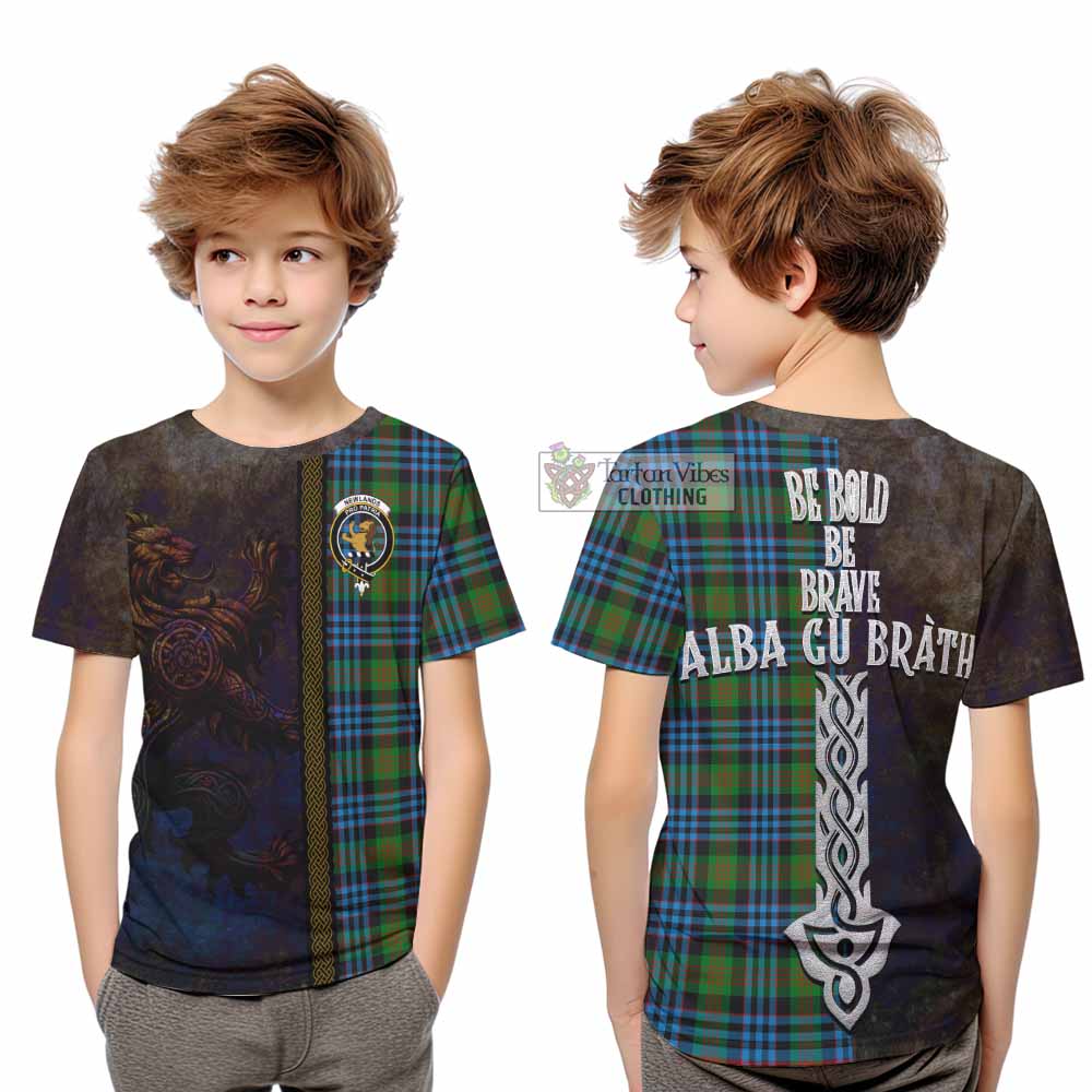 Tartan Vibes Clothing Newlands Tartan Family Crest Kid T-Shirt Alba Gu Brath Be Brave Lion Ancient Style
