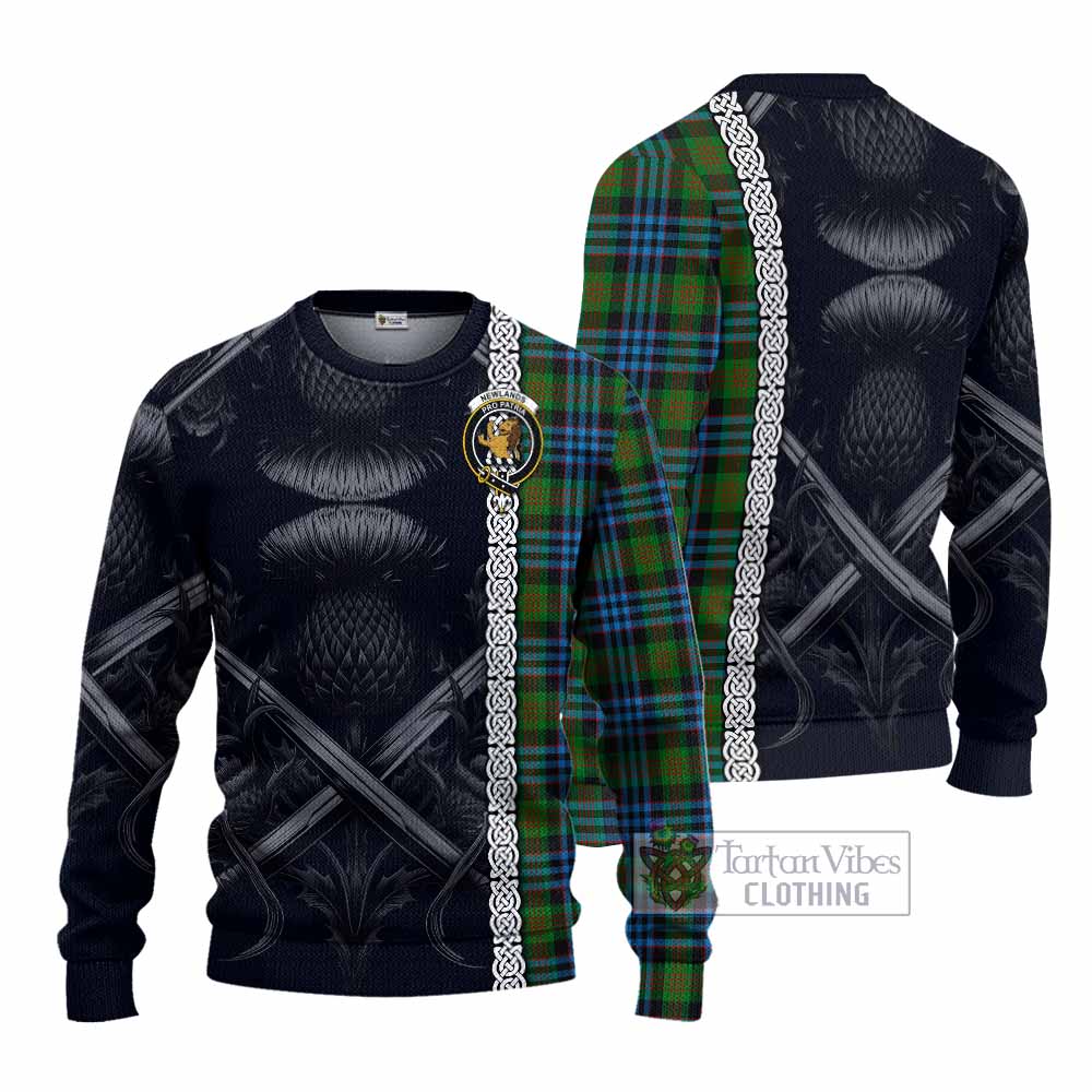Newlands Tartan Knitted Sweater with Family Crest Cross Sword Thistle Celtic Vibes - Tartan Vibes Clothing