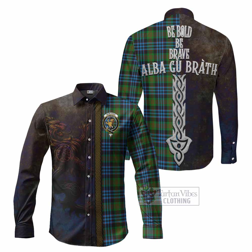 Tartan Vibes Clothing Newlands Tartan Family Crest Long Sleeve Button Shirt Alba Gu Brath Be Brave Lion Ancient Style