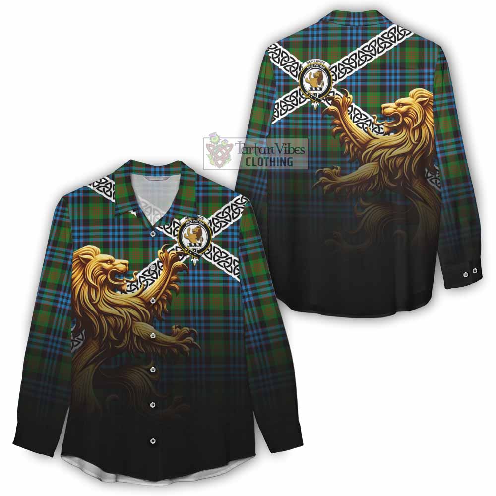 Newlands Crest Tartan Women's Casual Shirt with Golden Lion Emblem Celtic Style - Tartan Vibes Clothing