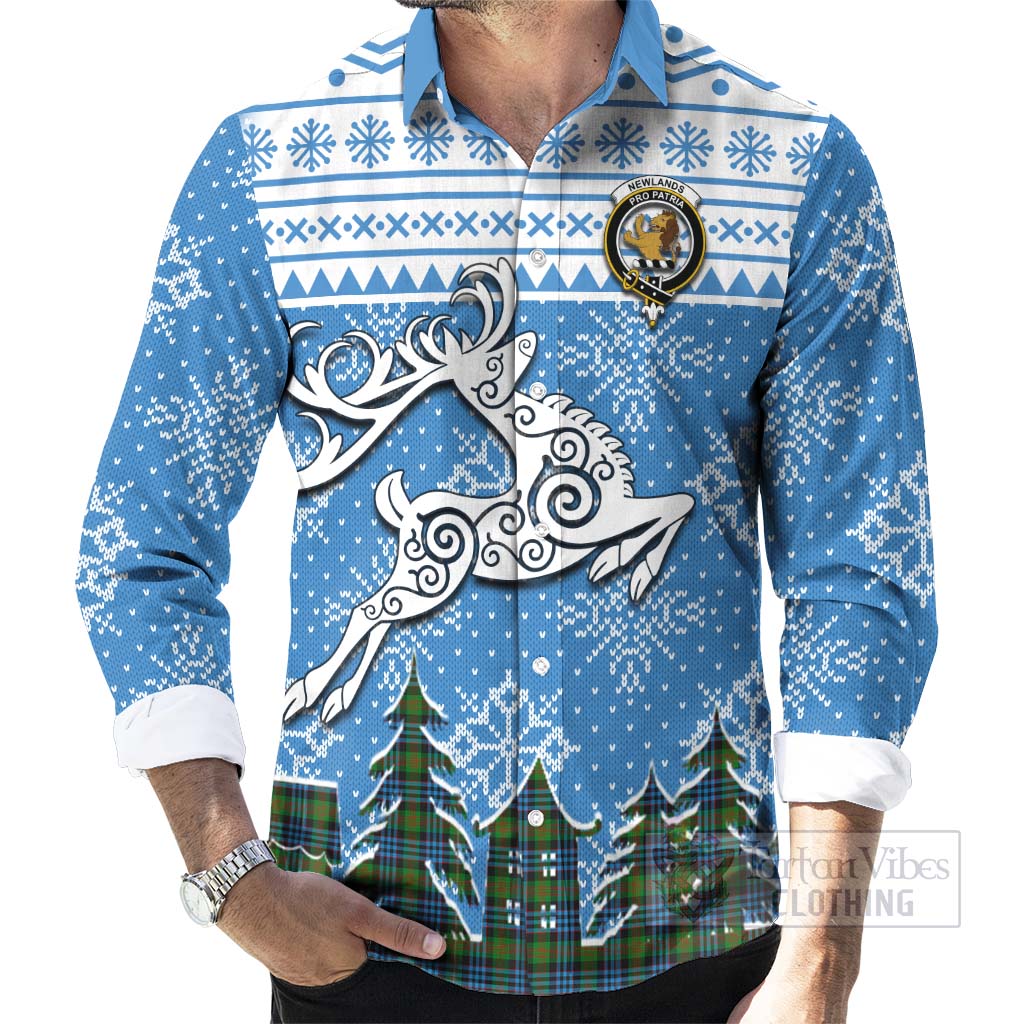Newlands Clan Christmas Long Sleeve Button Shirt Celtic Reindeer Style - Tartan Vibes Clothing