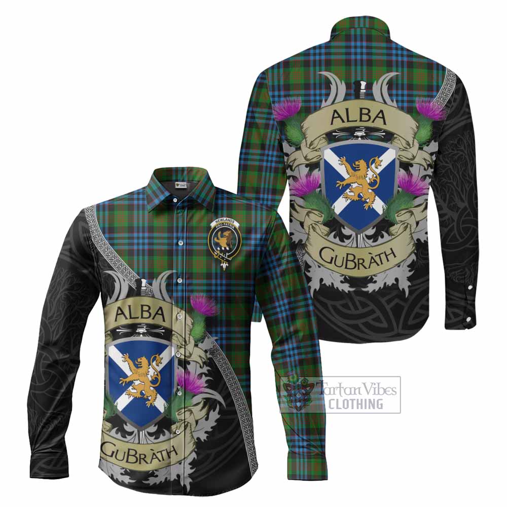 Newlands Tartan Family Crest Long Sleeve Button Shirt Lion Rampant Royal Thistle Shield Celtic Inspired - Tartan Vibes Clothing