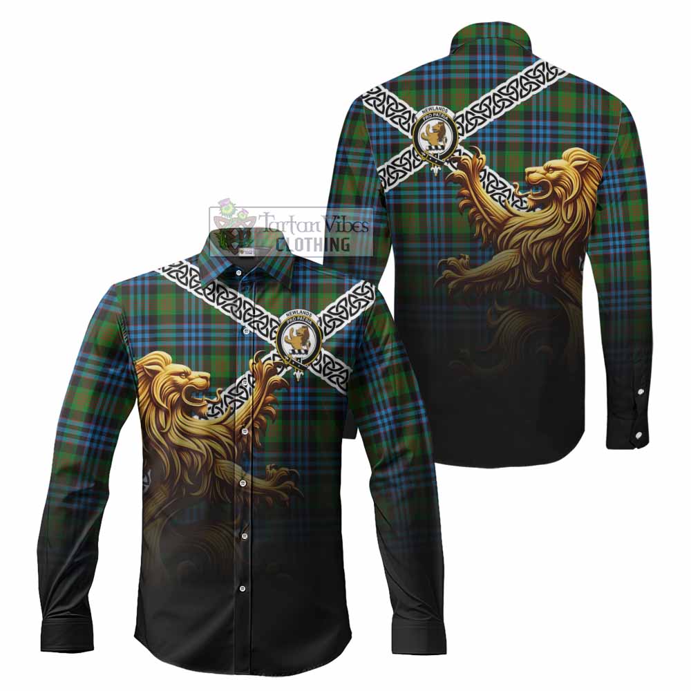 Newlands Crest Tartan Long Sleeve Button Shirt with Golden Lion Emblem Celtic Style - Tartan Vibes Clothing