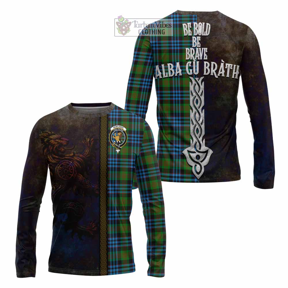Tartan Vibes Clothing Newlands Tartan Family Crest Long Sleeve T-Shirt Alba Gu Brath Be Brave Lion Ancient Style