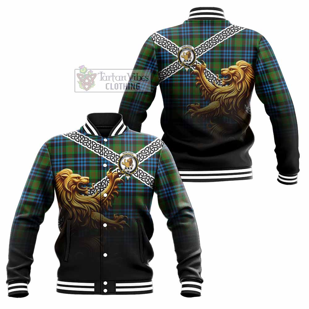 Newlands Crest Tartan Baseball Jacket with Golden Lion Emblem Celtic Style - Tartan Vibes Clothing