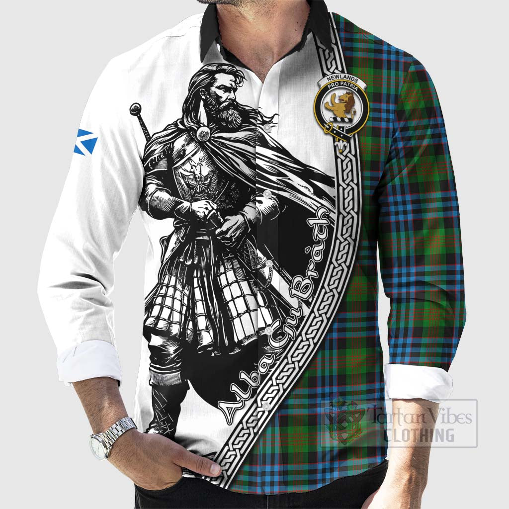 Newlands Tartan Clan Crest Long Sleeve Button Shirt with Highlander Warrior Celtic Style - Tartan Vibes Clothing