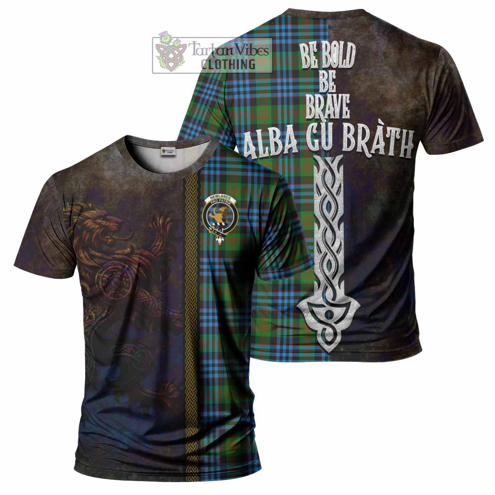 Tartan Vibes Clothing Newlands Tartan Family Crest T-Shirt Alba Gu Brath Be Brave Lion Ancient Style