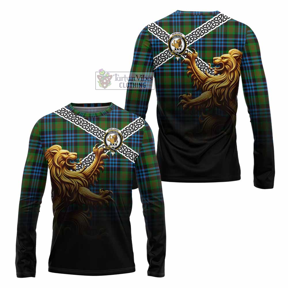 Newlands Crest Tartan Long Sleeve T-Shirt with Golden Lion Emblem Celtic Style - Tartan Vibes Clothing