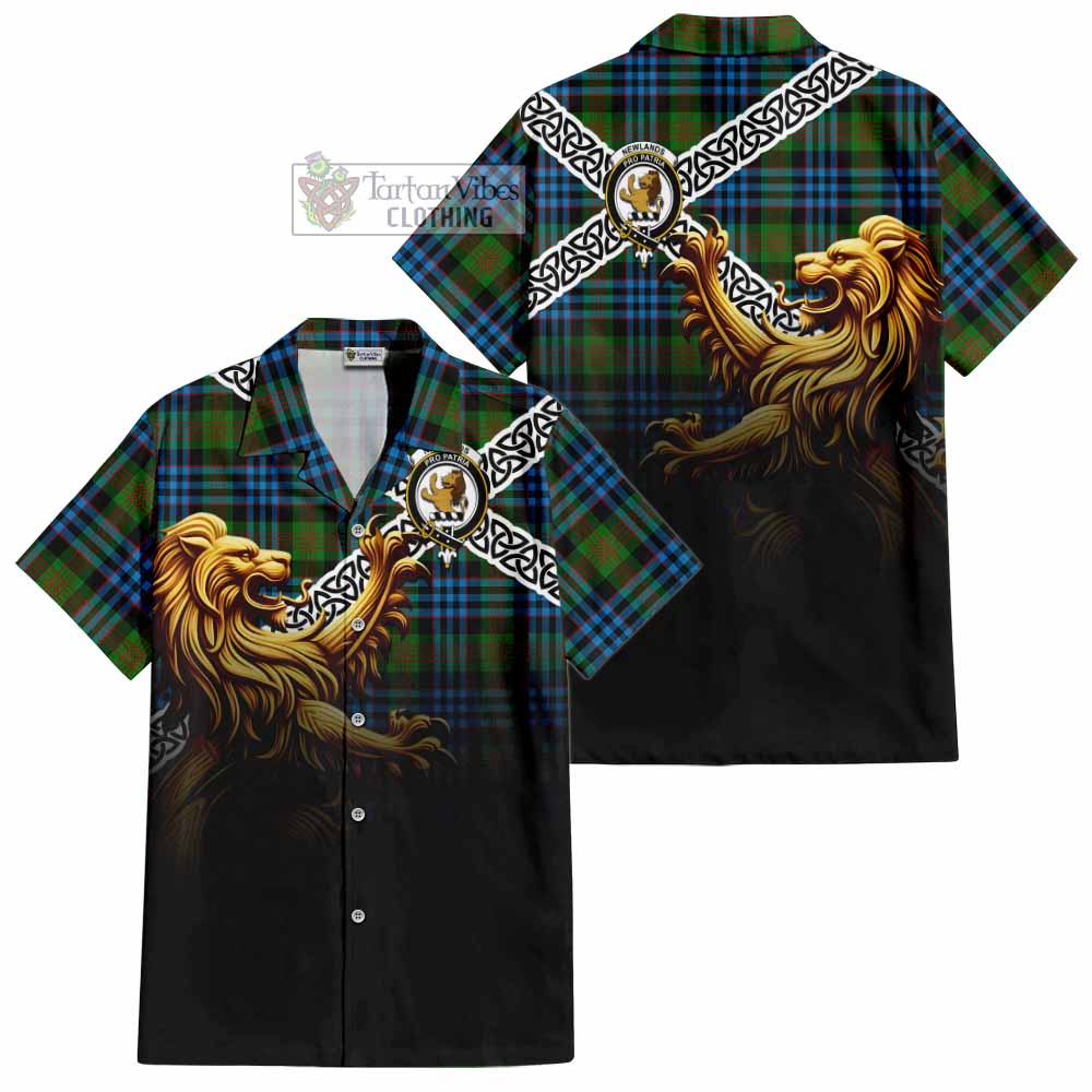Newlands Crest Tartan Hawaiian Shirt with Golden Lion Emblem Celtic Style - Tartan Vibes Clothing