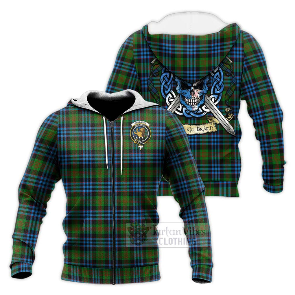 Newlands Tartan Knitted Hoodie with Family Crest Celtic Skull Style Unisex Knitted Zip Hoodie - Tartan Vibes Clothing