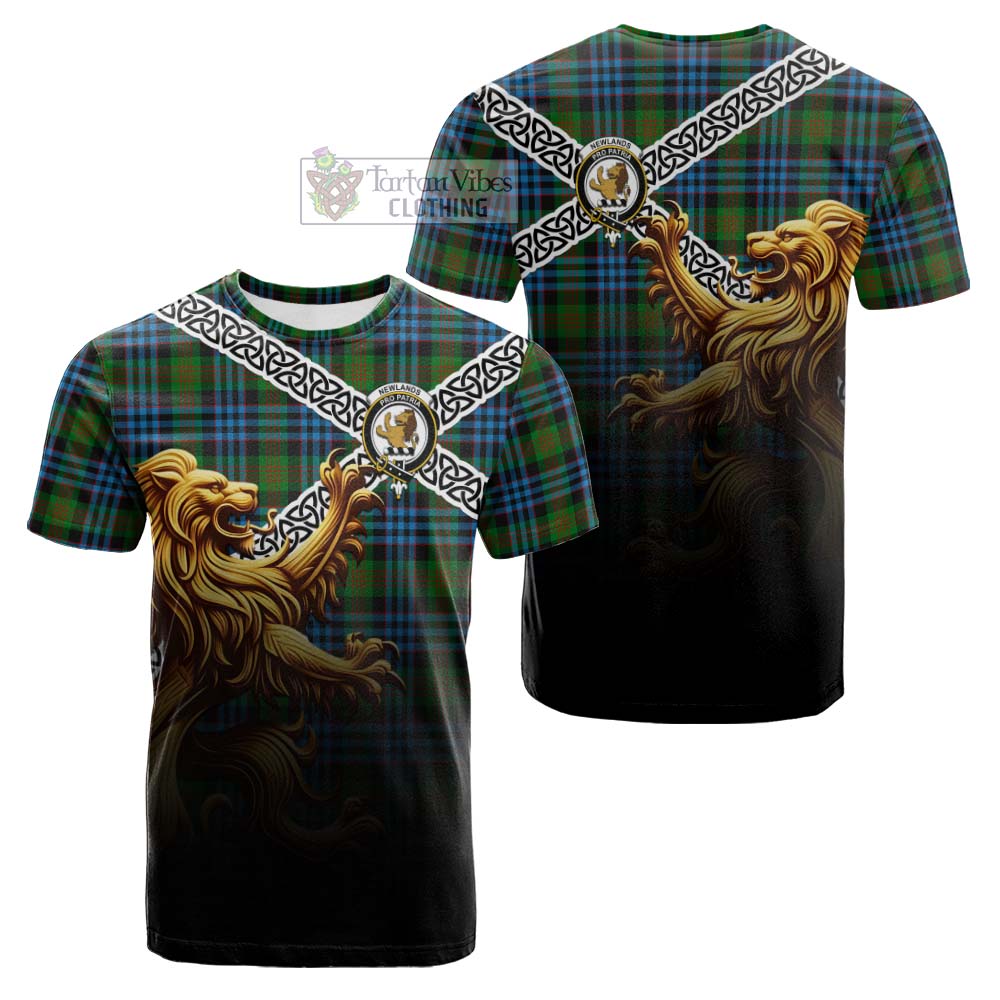 Tartan Vibes Clothing Newlands Crest Tartan Cotton T-shirt with Golden Lion Emblem Celtic Style