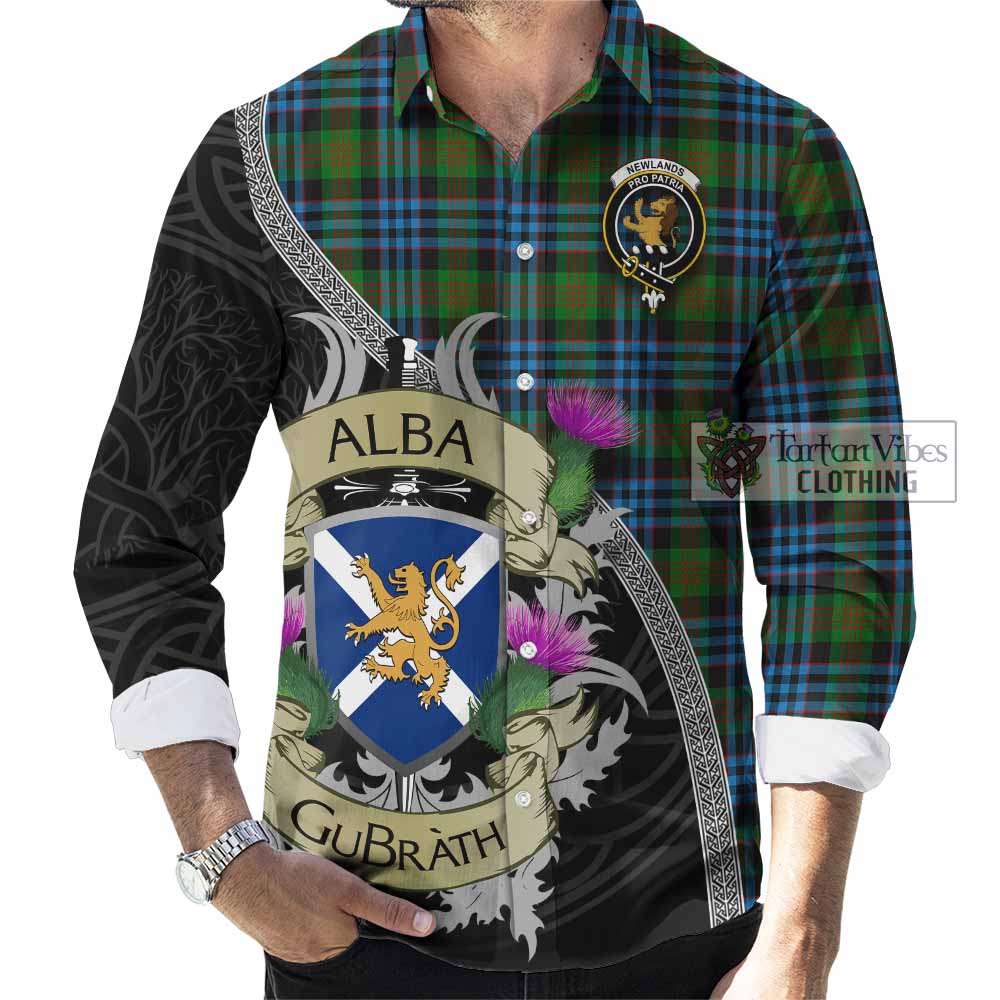 Newlands Tartan Family Crest Long Sleeve Button Shirt Lion Rampant Royal Thistle Shield Celtic Inspired - Tartan Vibes Clothing