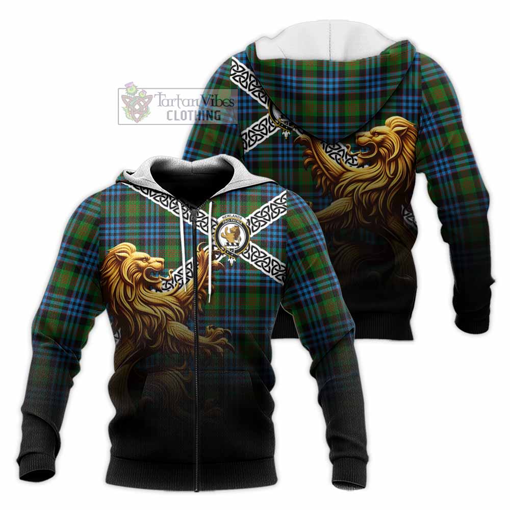 Newlands Crest Tartan Knitted Hoodie with Golden Lion Emblem Celtic Style Unisex Knitted Zip Hoodie - Tartan Vibes Clothing