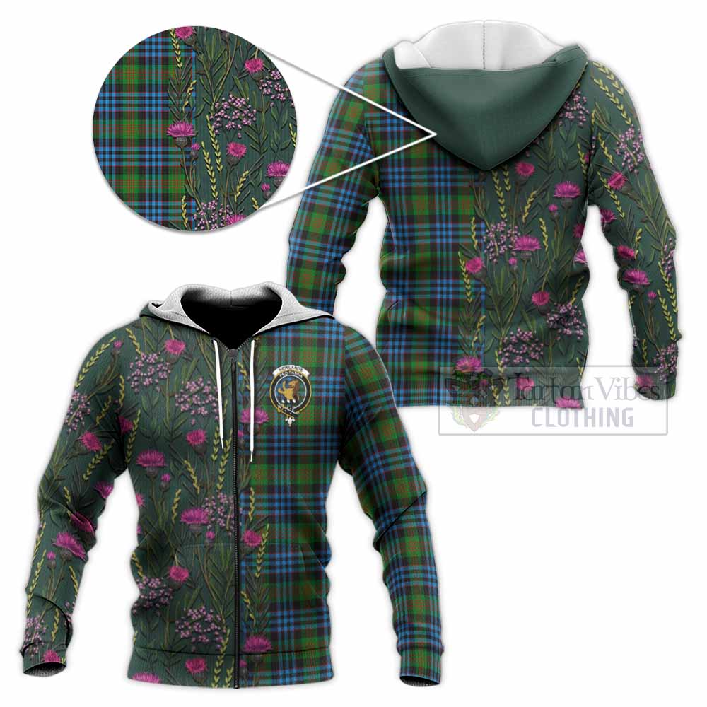 Newlands Family Crest Tartan Knitted Hoodie Scottish Thistle Flower Pattern Half Style - Tartan Vibes Clothing