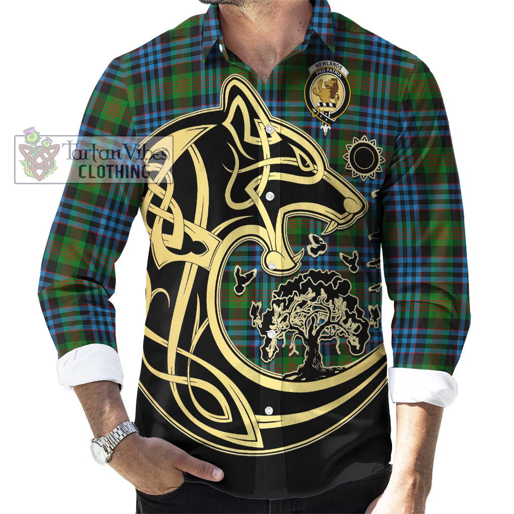Newlands Tartan Long Sleeve Button Shirt with Family Crest Celtic Wolf Style - Tartan Vibes Clothing