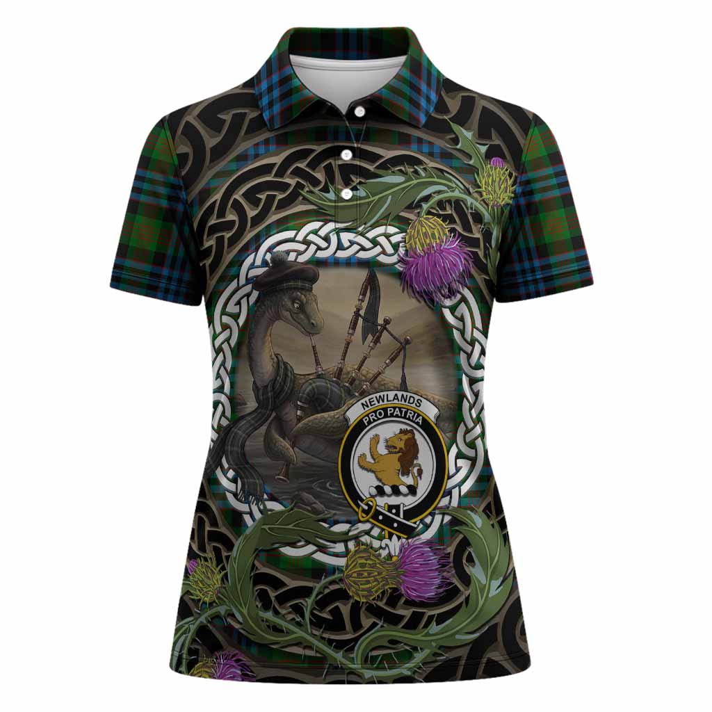 Newlands Tartan Crest Bagpipe Nessie Women Polo Shirt Scottish Loch Ness Monster Celtic Thistle
