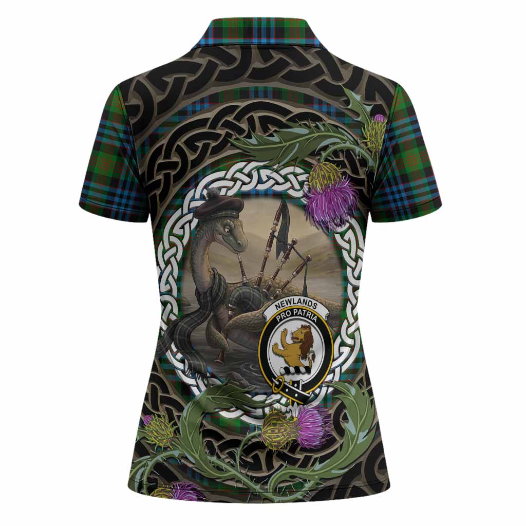 Newlands Tartan Crest Bagpipe Nessie Women Polo Shirt Scottish Loch Ness Monster Celtic Thistle