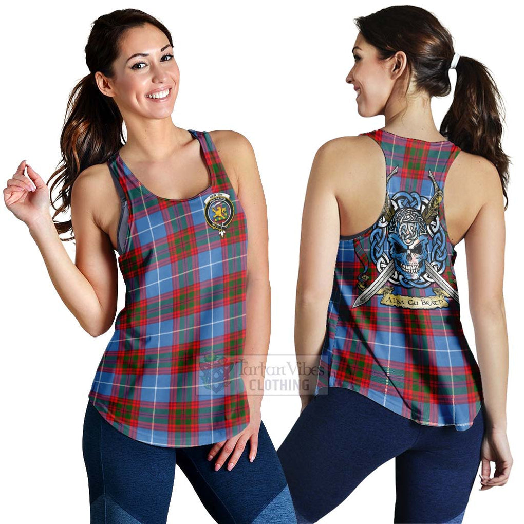 Newton Tartan Women's Racerback Tanks with Family Crest Celtic Skull Style 4XL - Tartan Vibes Clothing