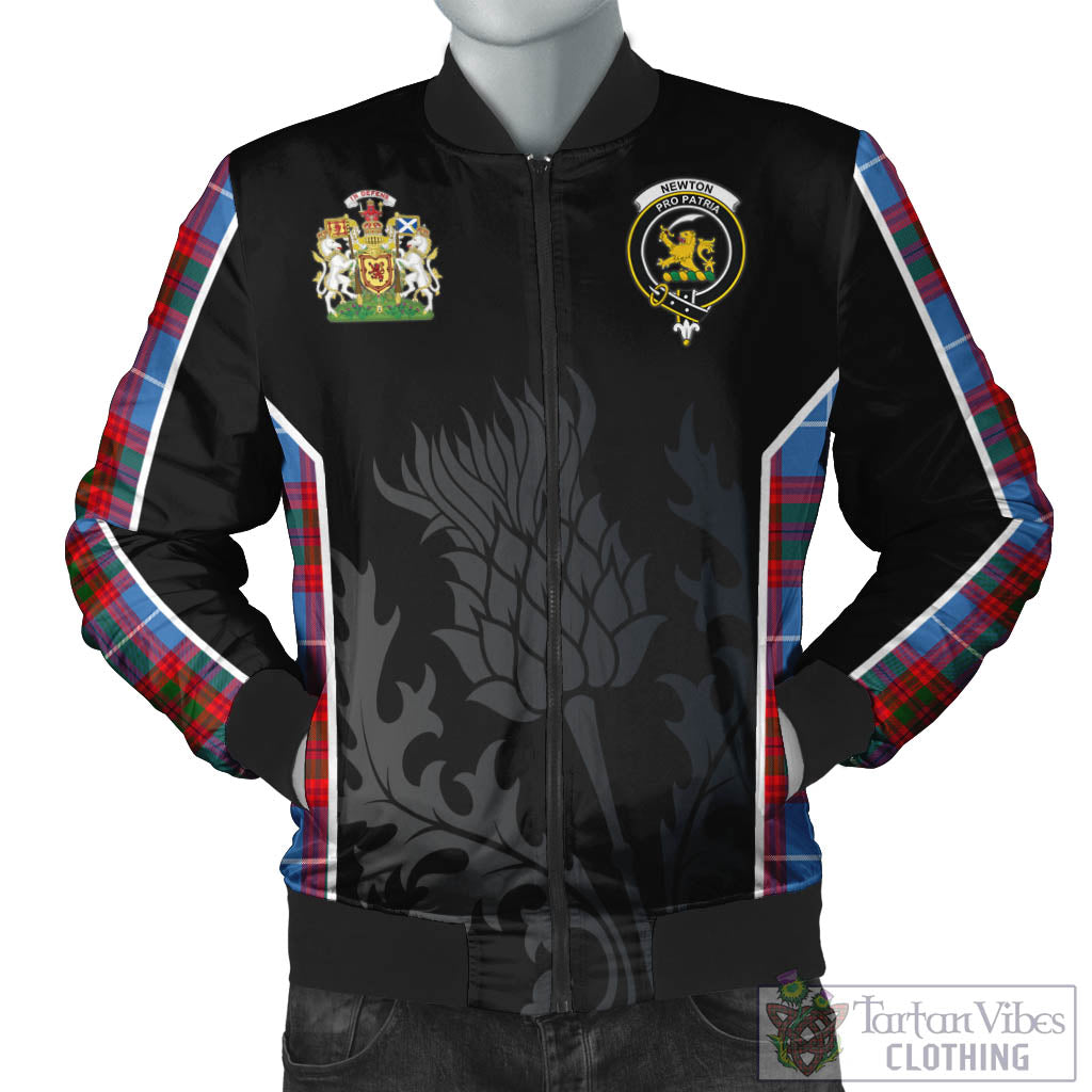 Newton Tartan Bomber Jacket with Family Crest and Scottish Thistle Vibes Sport Style Unisex Black - Tartan Vibes Clothing