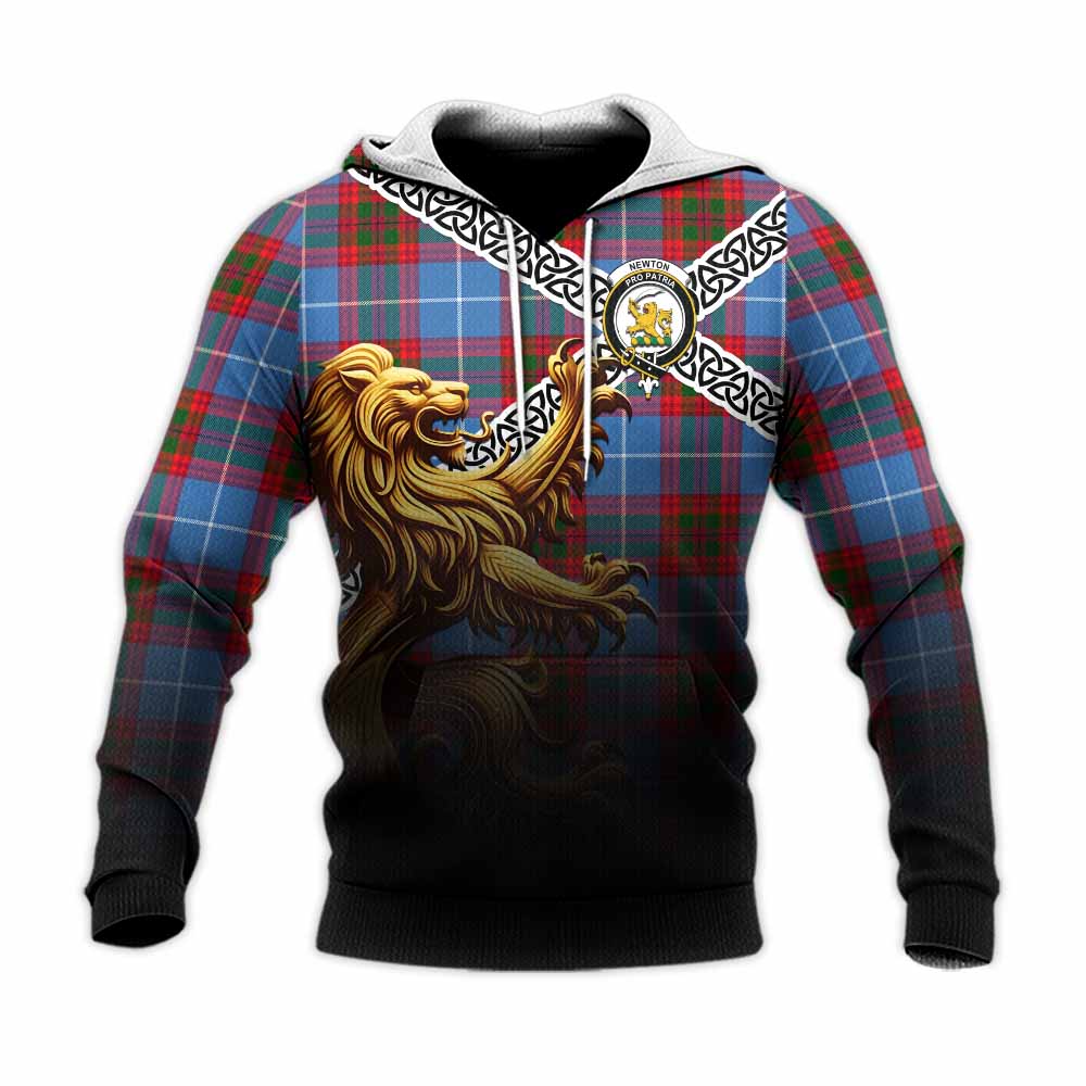 Tartan Vibes Clothing Newton Crest Tartan Knitted Hoodie with Golden Lion Emblem Celtic Style