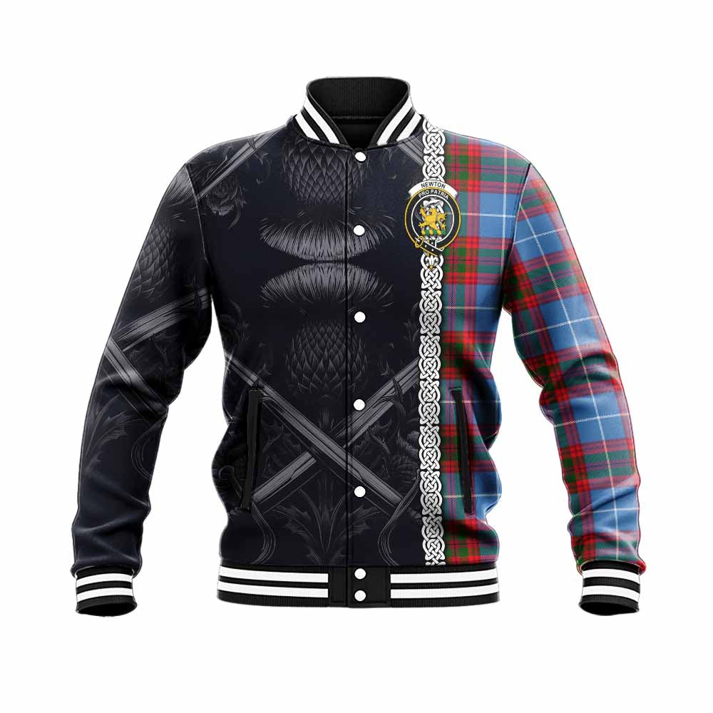 Newton Tartan Baseball Jacket with Family Crest Cross Sword Thistle Celtic Vibes Unisex - Tartan Vibes Clothing