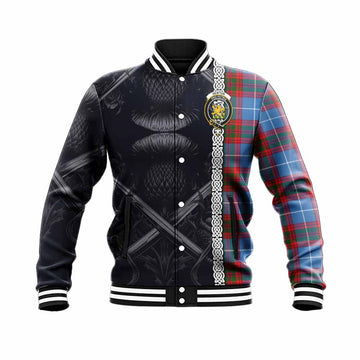 Newton Tartan Baseball Jacket with Family Crest Cross Sword Thistle Celtic Vibes Unisex - Tartan Vibes Clothing