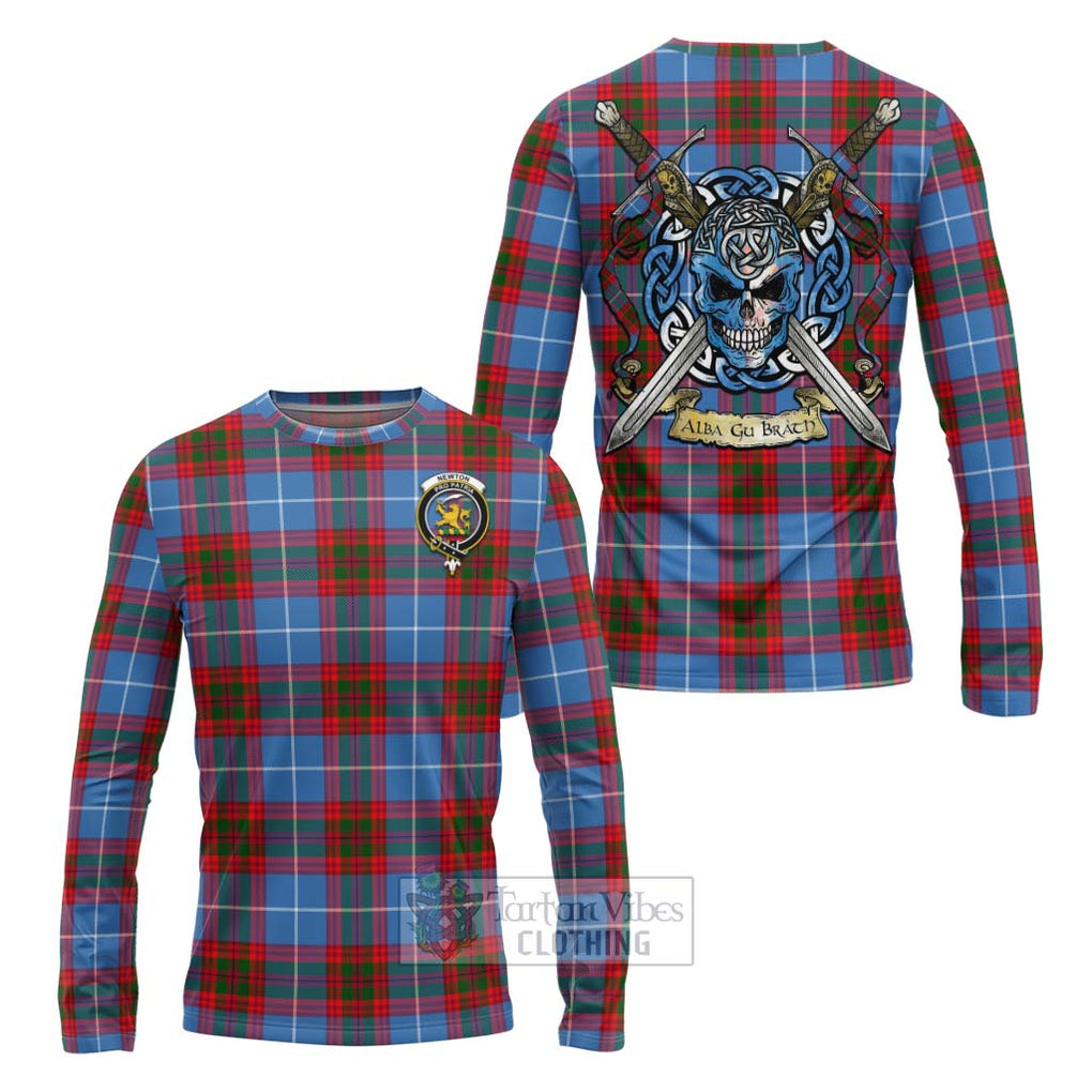 Newton Tartan Long Sleeve T-Shirt with Family Crest Celtic Skull Style Unisex - Tartan Vibes Clothing