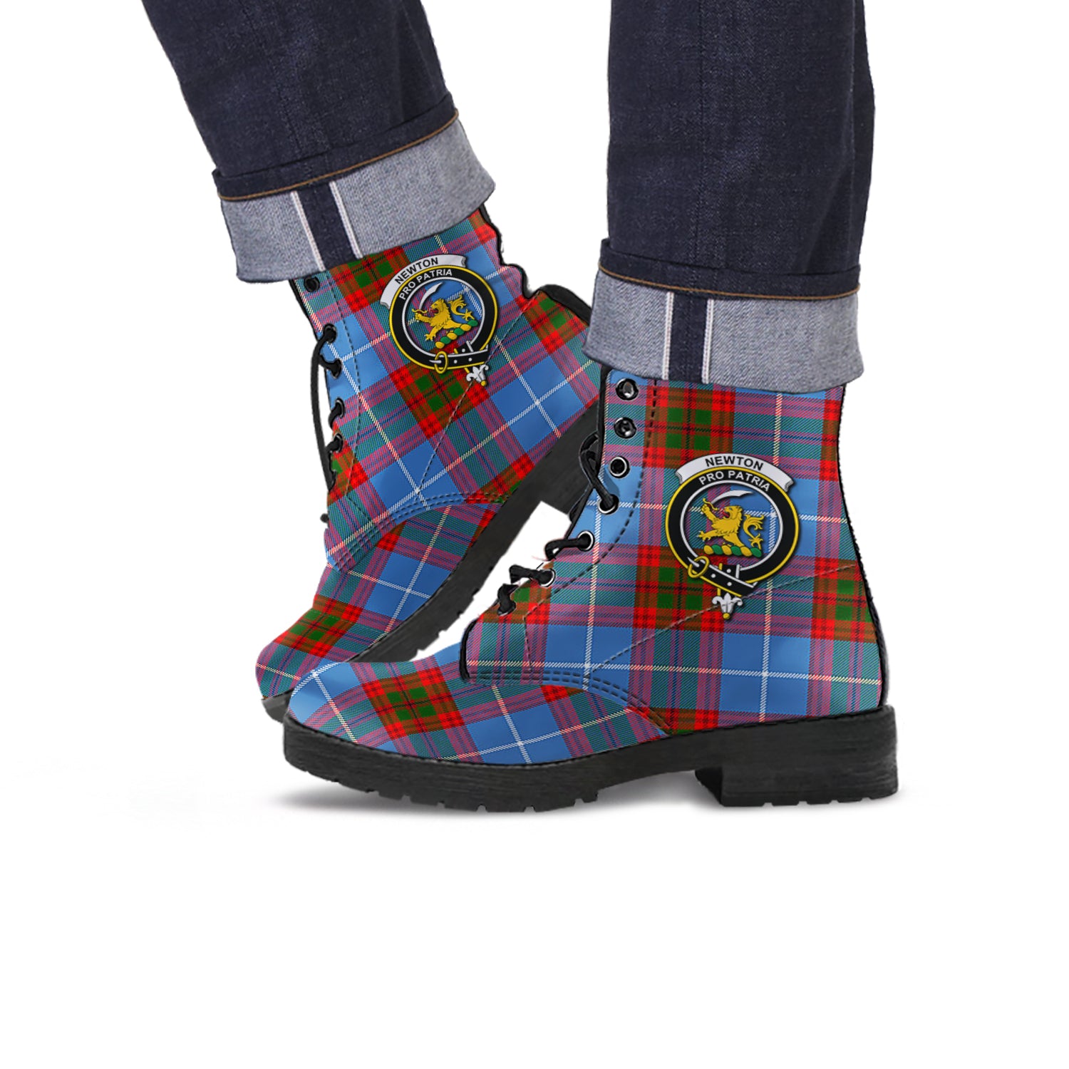 Newton Tartan Leather Boots with Family Crest Men' Boots - Tartan Vibes Clothing