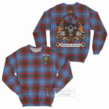 Newton Tartan Sweatshirt with Family Crest and Bearded Skull Holding Bottles of Whiskey Unisex - Tartan Vibes Clothing