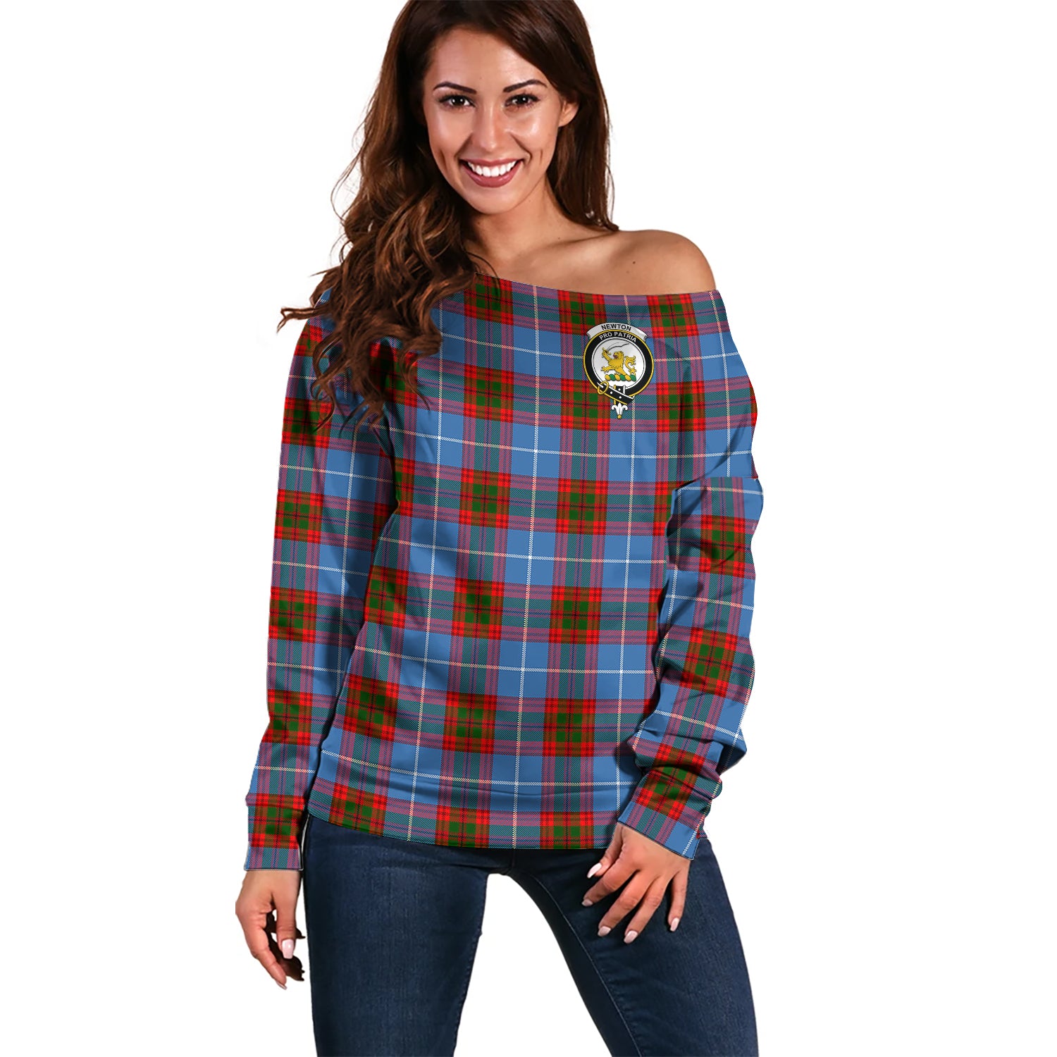 Newton Tartan Off Shoulder Women Sweater with Family Crest Women - Tartan Vibes Clothing