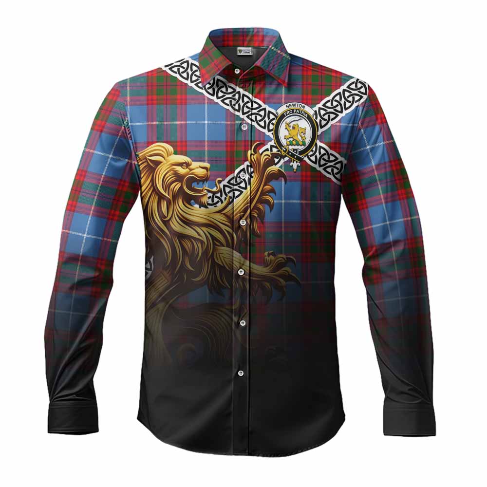 Newton Crest Tartan Long Sleeve Button Shirt with Golden Lion Emblem Celtic Style Men's Shirt S - Tartan Vibes Clothing
