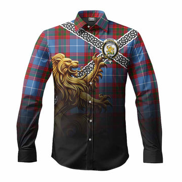 Newton Crest Tartan Long Sleeve Button Shirt with Golden Lion Emblem Celtic Style Men's Shirt S - Tartan Vibes Clothing