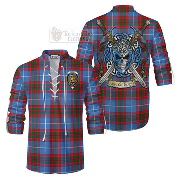 Newton Tartan Ghillie Kilt Shirt with Family Crest Celtic Skull Style Men - Tartan Vibes Clothing