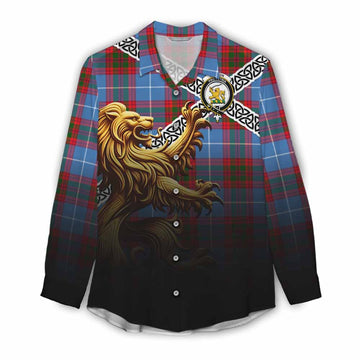 Newton Crest Tartan Women's Casual Shirt with Golden Lion Emblem Celtic Style Female - Tartan Vibes Clothing