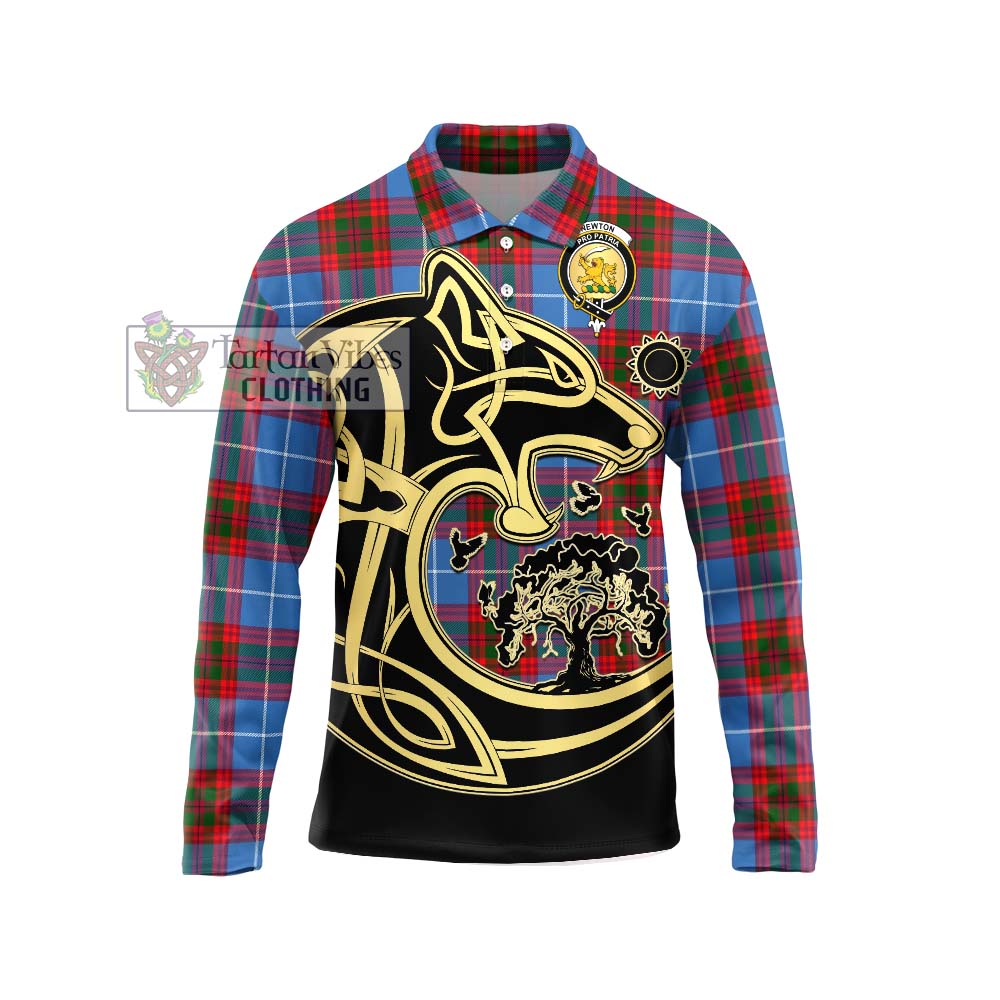 Newton Tartan Long Sleeve Polo Shirt with Family Crest Celtic Wolf Style Unisex - Tartan Vibes Clothing